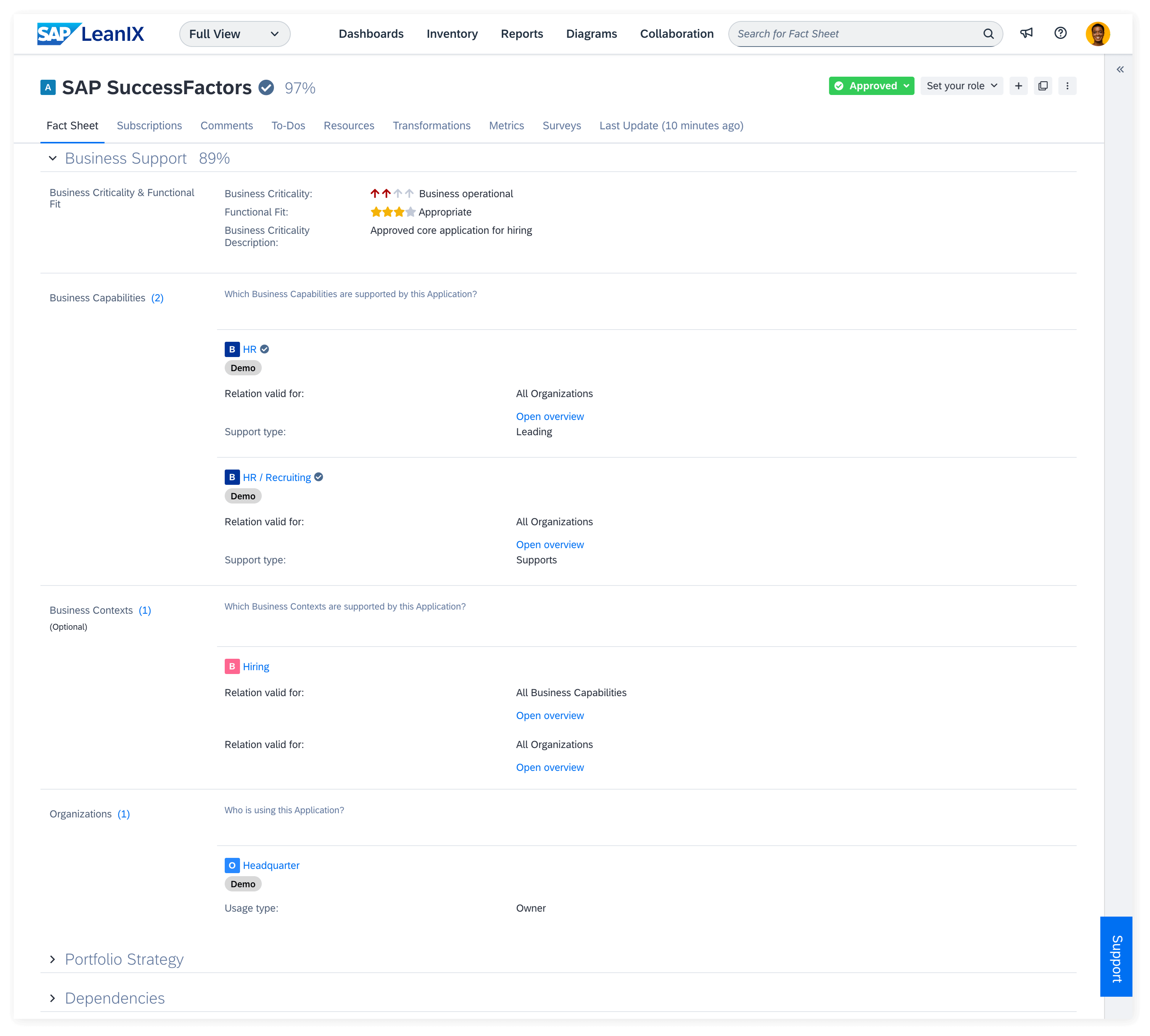 Previous SAP LeanIX Fact Sheet Layout